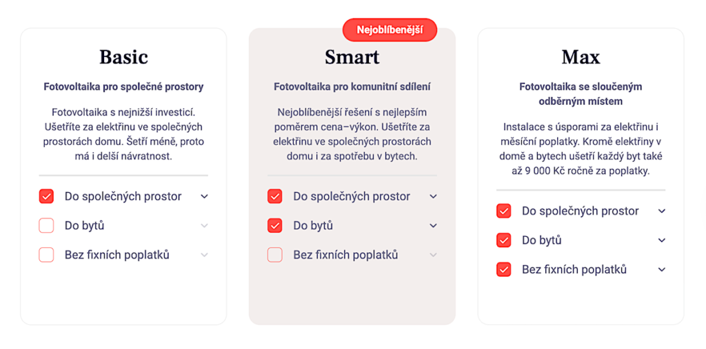 Domy sobě, blog, fotovoltaika pro bytové domy, 3 základní řešení, přehledná tabulka.